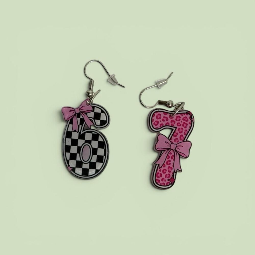 Coquette Aesthetic Number "67" Earrings Pink Bow & Checkerboard Dangle